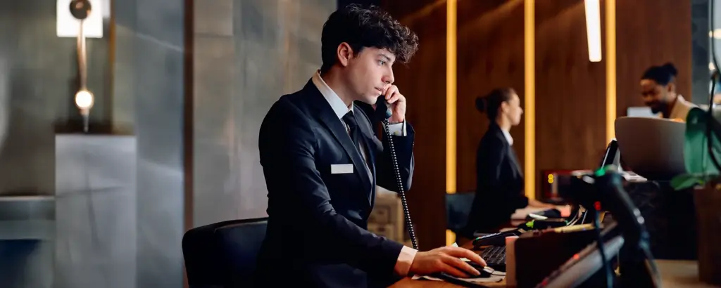 Hotelrezeptionist im Anzug telefoniert und arbeitet am PC, moderne Rezeption im Hintergrund.