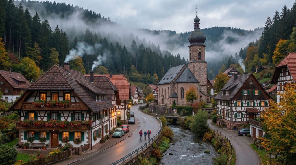 Schwarzwald: Malerisches Fachwerkdorf mit Zwiebelturmkirche, Nebelwald, Flussufer und Wanderern im Herbst.