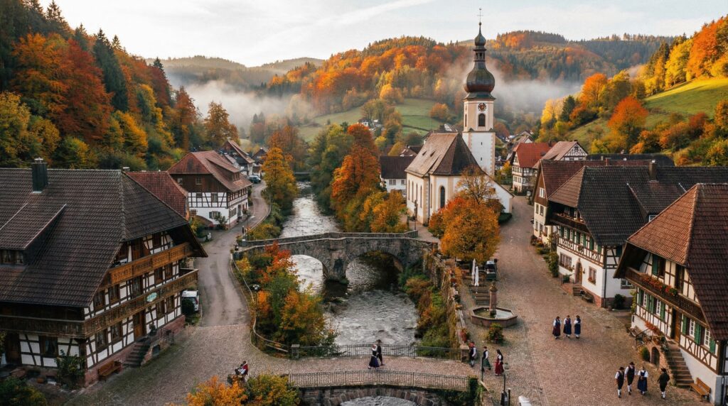 Herbstliches Fachwerkdorf mit Kirche, Fluss und idyllischer Steinbrücke – malerische Landschaft, Nebelschwaden, Tourismusziel.